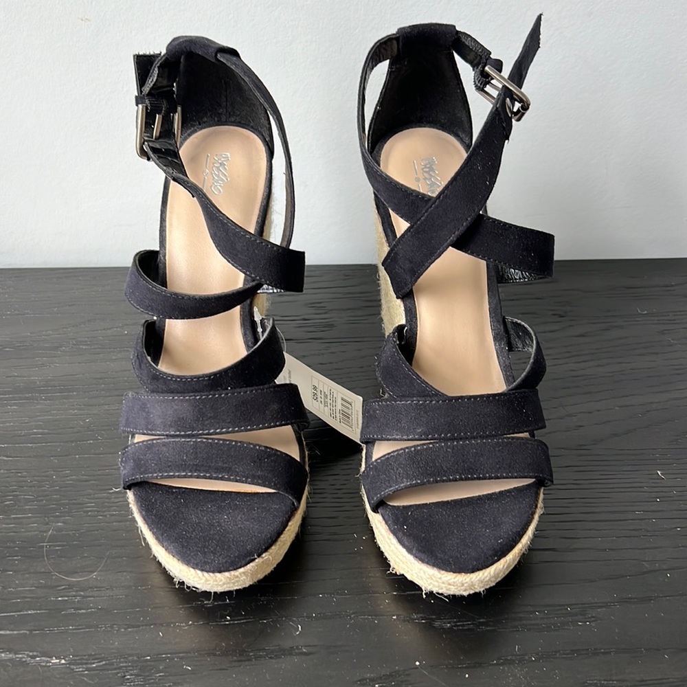 BNWT Black Suede and Raffia Sandle Wedge Heels